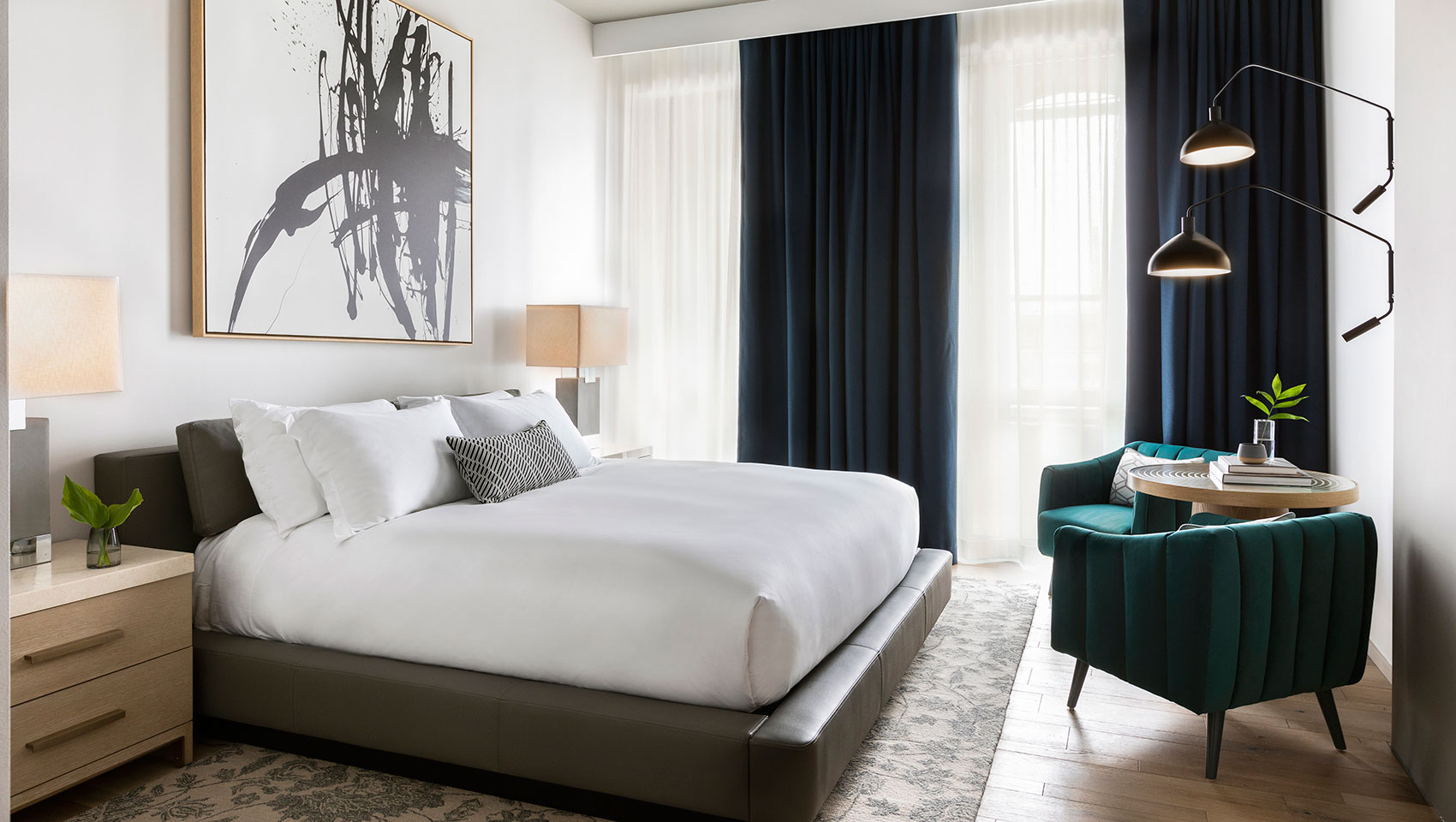 The Kimpton Pittman Hotel’s bright and airy  king guestroom