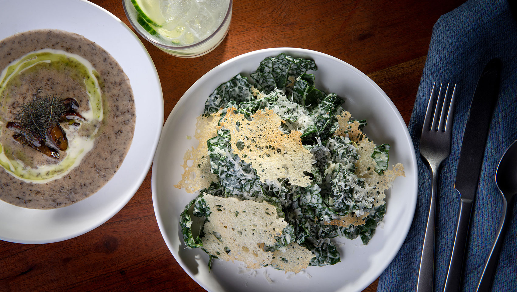 soup and salad with a cocktail