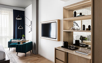 The Kimpton Pittman Hotel seating area and tv