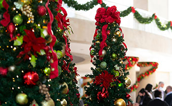 Red, green and gold ornaments on Christmas trees